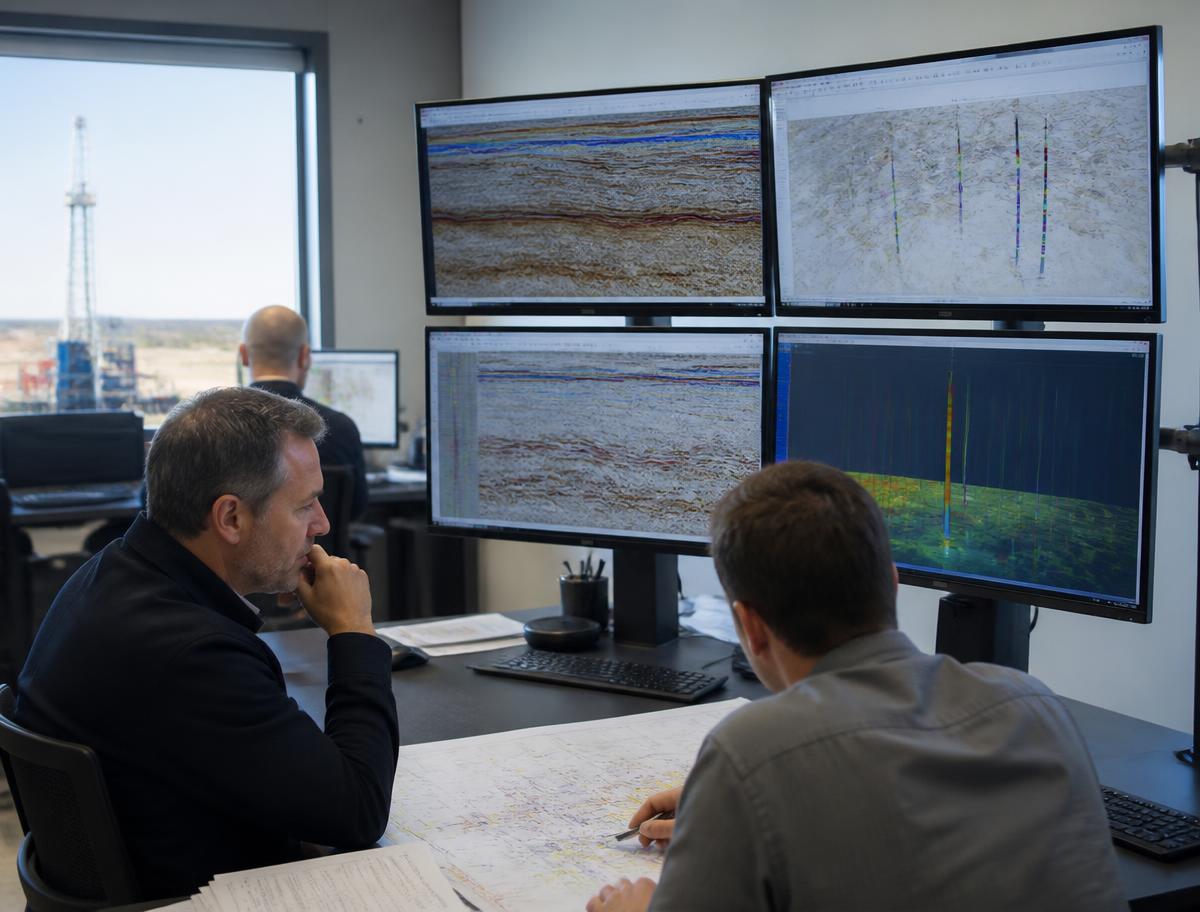 Engineers reviewing well data and lease maps in an operations office